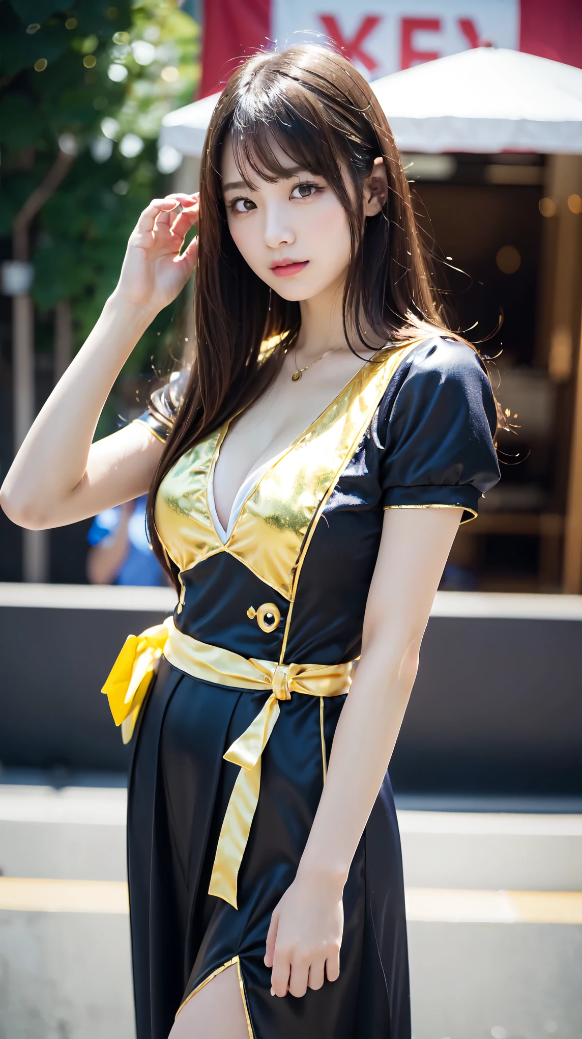 ((idol costume:1.5)), ,The cutest gravure idol pose in the world、perfect proportions、big breasts, valley, cute、((18 year old female:1.2))、young adorable japanese face,first pitch ceremony, official art,Highly detailed CG Unity 8K wallpaper,(masterpiece:1.0),(highest quality:1.0), 超A high resolution,4k,Super detailed, photo shoot, 8K, nffsw, High resolution, kodak portrait 400, film grain, lens flare glow,高いest quality,8K,nffsw:1.2),portrait shot,8K、View viewer、view from the side