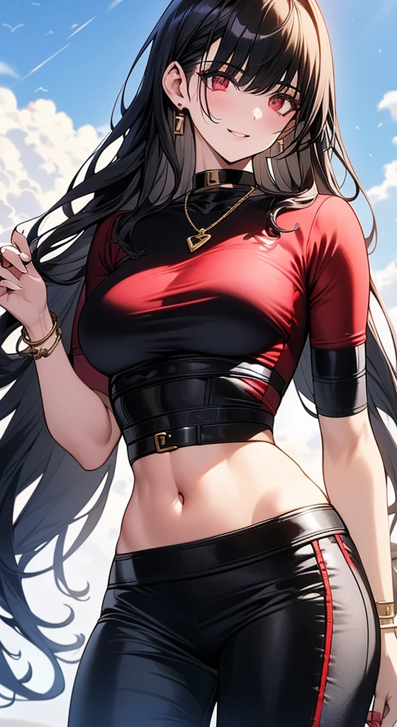 Arab woman with black blouse and red pants, olhos amarelos, rabo de cavalo, em uma rua da cidade de Chicago, short shirt and strong abdomen, foto de corpo inteiro, roupa vermelha dourada e preta, Modelo de fitness, linda mulher, Athletic Fashion Photography, close-up de corpo inteiro, retrato de darna moderno, becomes a curvy physique, vermelho e dourado, por Natasha Tan, imagem de perfil, ouro e vermelho, araffe woman in a black top and red pants em uma rua da cidade de Chicago, a portrait por Natasha Tan, trends in cg society, arabesco, short shirt and strong abdomen, foto de corpo inteiro, roupa vermelha dourada e preta, Modelo de fitness, linda mulher, close-up de corpo inteiro, Athletic Fashion Photography, retrato de darna moderno, becomes a curvy physique, female genius, female demon, obra de arte