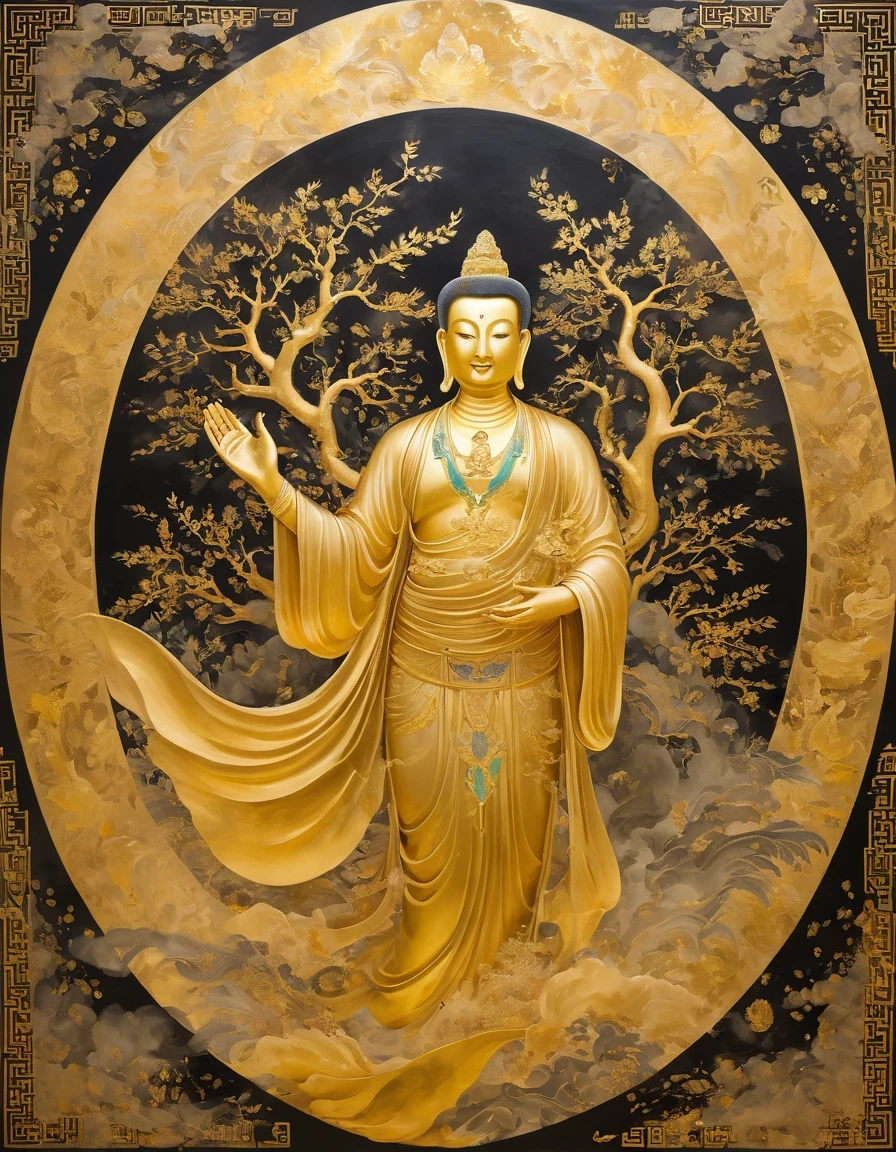 (gold leaf art:1.5)，A black and gold-rimmed giant hand fell from the sky, Dunhuang murals as background, minimalist, line art, From front and center to ghostly smoke, Transition from entity to ghost, Smart, powerful and calm, Rich in details, Psychedelic, fantastic, drama, Chinese ancient style, style, ink painting, fantasy, surreal, ethereal