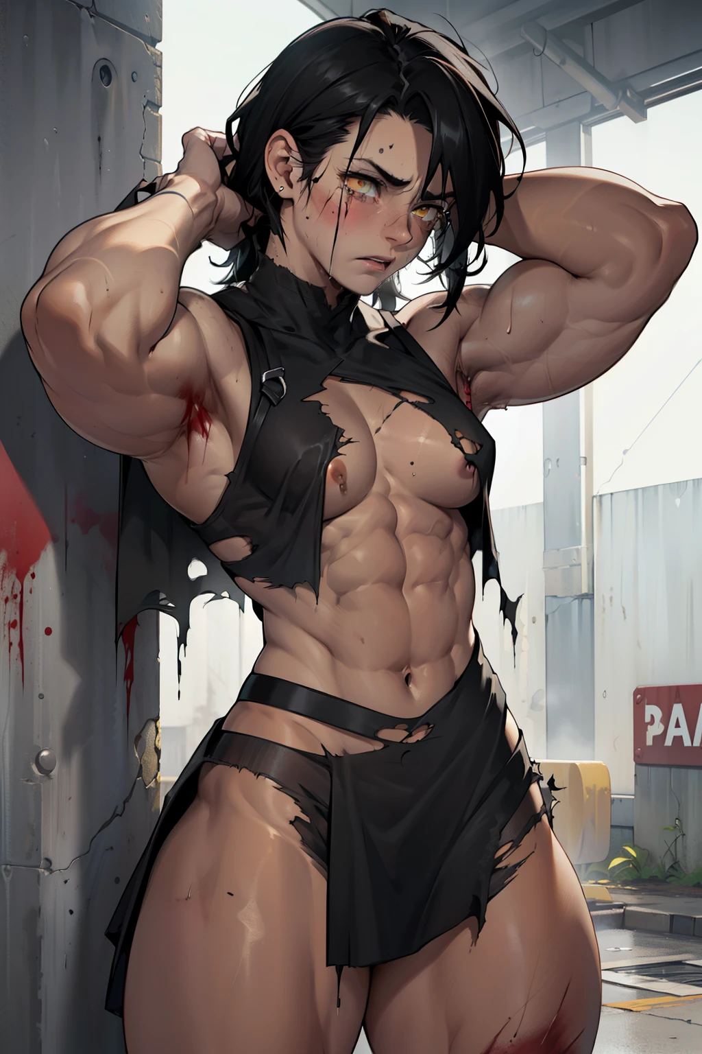 pale skin black hair yellow eyes, solo, (((small breasts))), navel, abs, looking at viewer, midriff, ((torn clothes)), bruised, bruises, ((bleeding)), ((bruise)), ((tears)), crying, (tan), from behind, (((((muscular))))), (((((thick thighs))))), (((black dress)))