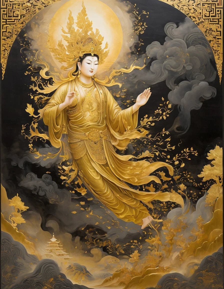 (gold leaf art:1.5),A black and gold-rimmed giant hand fell from the sky, Dunhuang murals as background, minimalist, line art, From front and center to ghostly smoke, Transition from entity to ghost, Smart, powerful and calm, Rich in details, Psychedelic, fantastic, drama, Chinese ancient style, style, ink painting, fantasy, surreal, ethereal