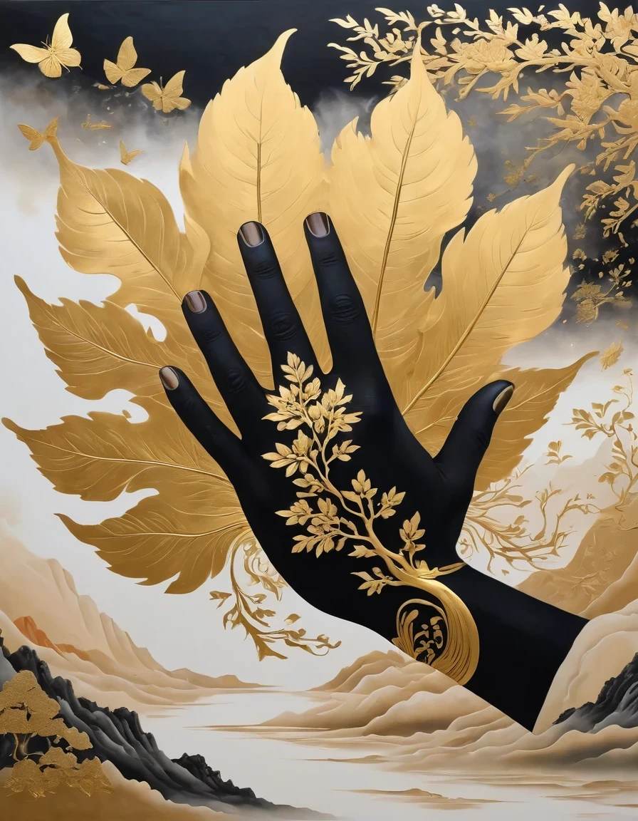 (gold leaf art:1.5)，A black and gold-rimmed giant hand fell from the sky, Dunhuang murals as background, minimalist, line art, From front and center to ghostly smoke, Transition from entity to ghost, Smart, powerful and calm, Rich in details, Psychedelic, fantastic, drama, Chinese ancient style, style, ink painting, fantasy, surreal, ethereal