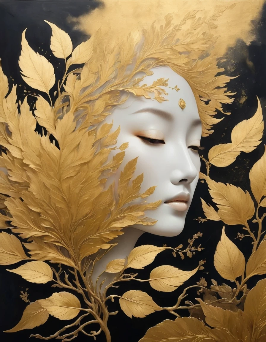 (gold leaf art:1.5),A black and gold-rimmed giant hand fell from the sky, Dunhuang murals as background, minimalist, line art, From front and center to ghostly smoke, Transition from entity to ghost, Smart, powerful and calm, Rich in details, Psychedelic, fantastic, drama, Chinese ancient style, style, ink painting, fantasy, surreal, ethereal