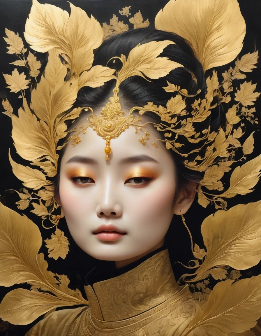 (gold leaf art:1.5),A black and gold-rimmed giant hand fell from the sky, Dunhuang murals as background, minimalist, line art, From front and center to ghostly smoke, Transition from entity to ghost, Smart, powerful and calm, Rich in details, Psychedelic, fantastic, drama, Chinese ancient style, style, ink painting, fantasy, surreal, ethereal
