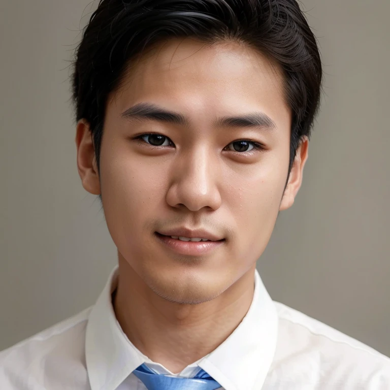 Young Japanese man wearing white shirt and blue tie smiles without showing teeth,No double eyelids.The bridge of the nose is thin and straight on both sides.japanese artist,Headshot