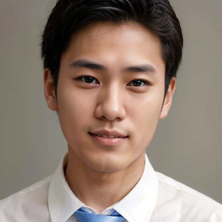Young Japanese man wearing white shirt and blue tie smiles without showing teeth,No double eyelids.The bridge of the nose is thin and straight on both sides.japanese artist,Headshot