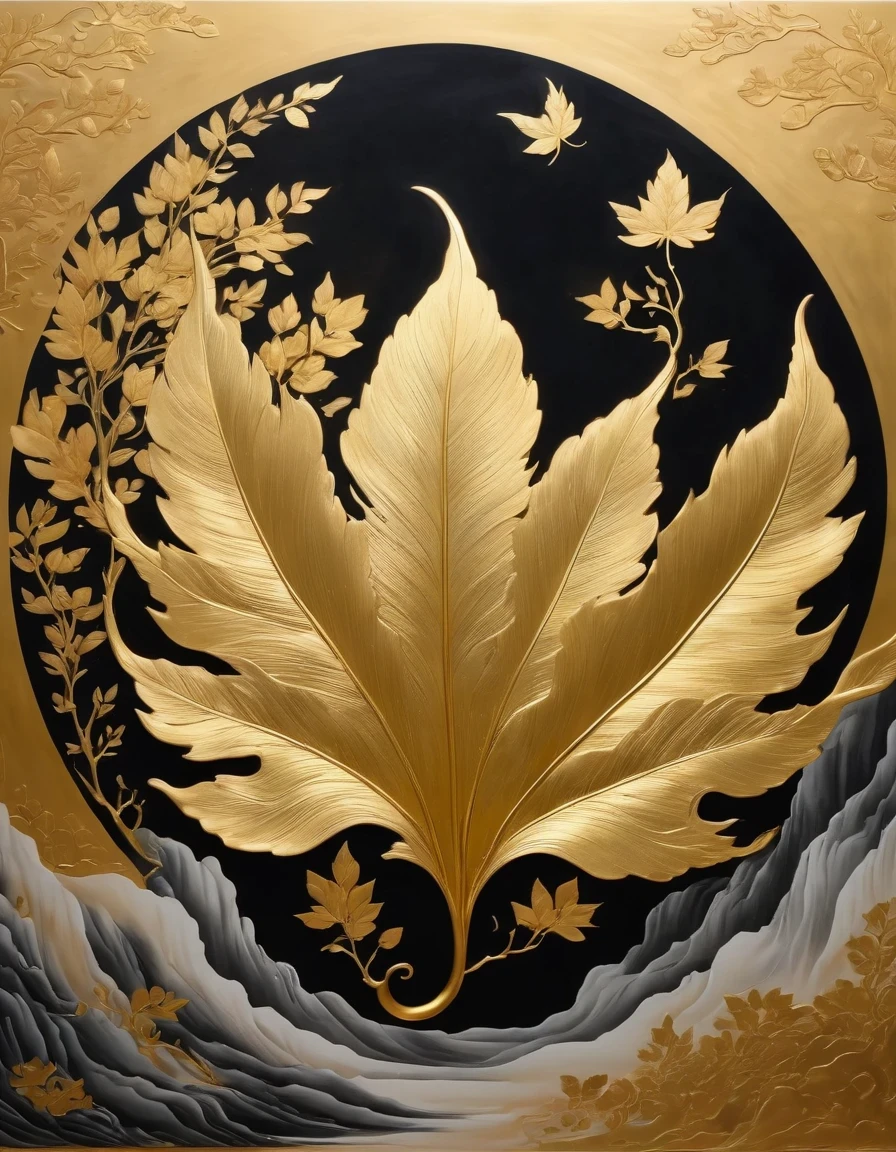 (gold leaf art:1.5)，A black and gold-rimmed giant hand fell from the sky, Dunhuang murals as background, minimalist, line art, From front and center to ghostly smoke, Transition from entity to ghost, Smart, powerful and calm, Rich in details, Psychedelic, fantastic, drama, Chinese ancient style, style, ink painting, fantasy, surreal, ethereal