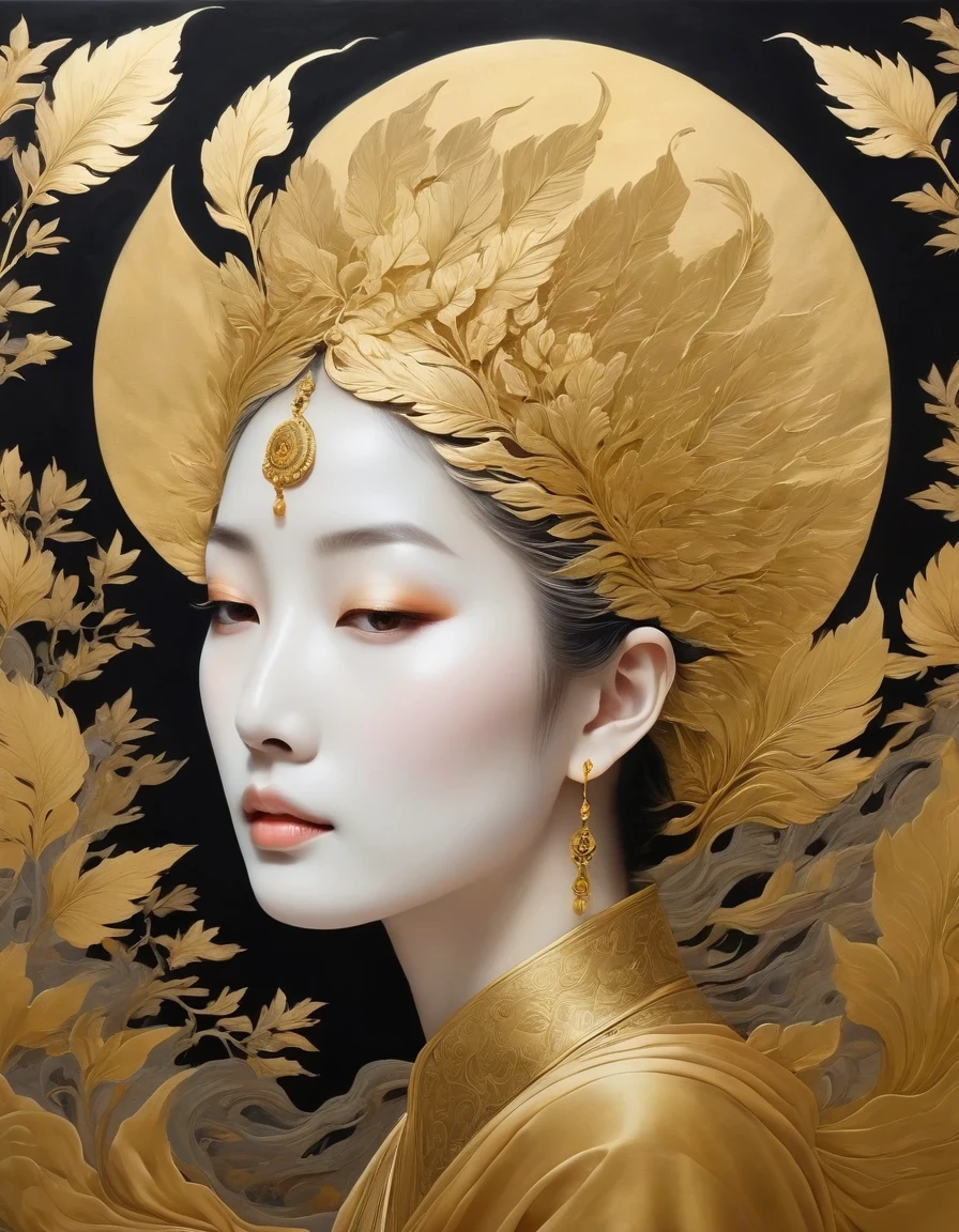 (gold leaf art:1.5)，A black and gold-rimmed giant hand fell from the sky, Dunhuang murals as background, minimalist, line art, From front and center to ghostly smoke, Transition from entity to ghost, Smart, powerful and calm, Rich in details, Psychedelic, fantastic, drama, Chinese ancient style, style, ink painting, fantasy, surreal, ethereal