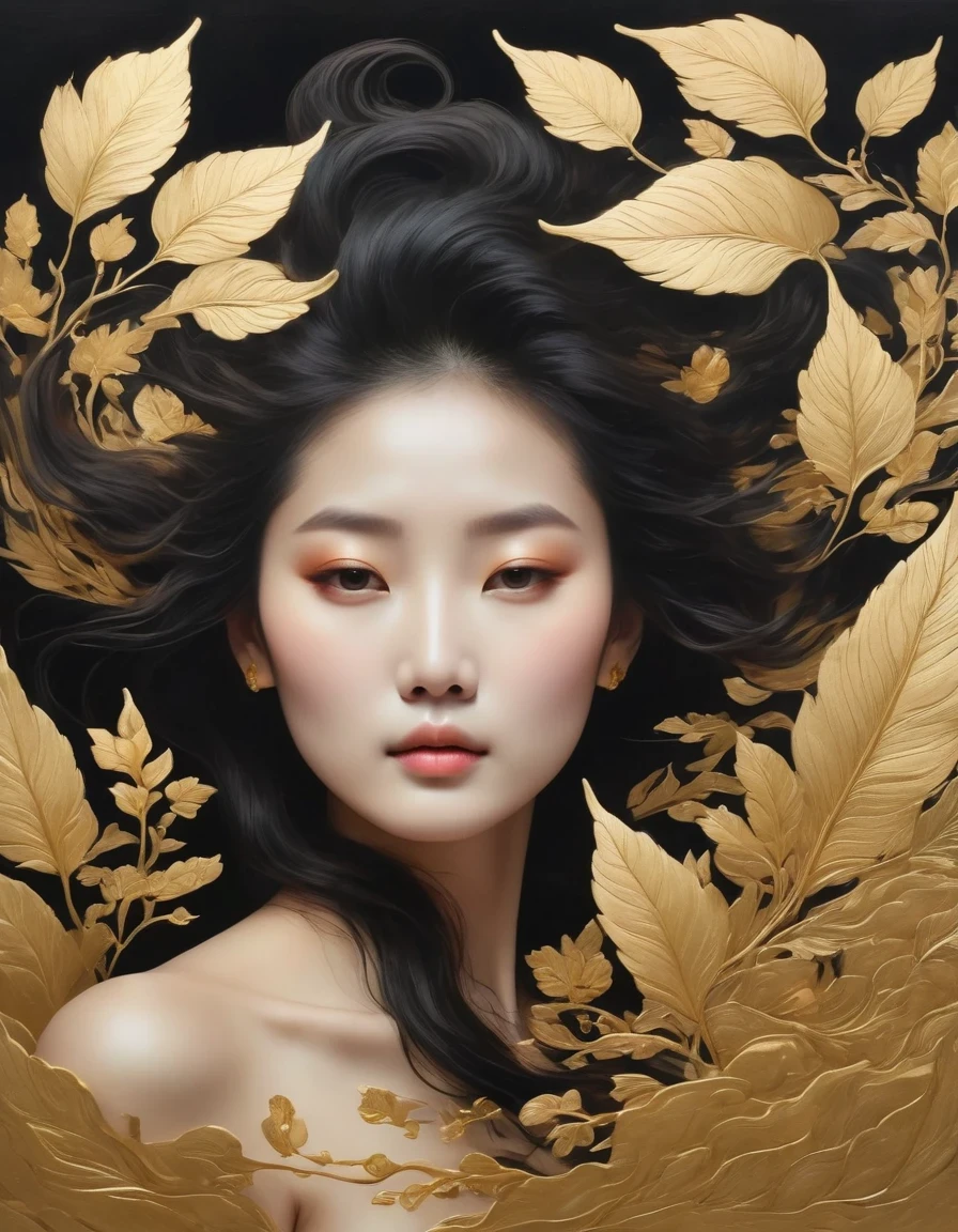 (gold leaf art:1.5)，A black and gold-rimmed giant hand fell from the sky, Dunhuang murals as background, minimalist, line art, From front and center to ghostly smoke, Transition from entity to ghost, Smart, powerful and calm, Rich in details, Psychedelic, fantastic, drama, Chinese ancient style, style, ink painting, fantasy, surreal, ethereal