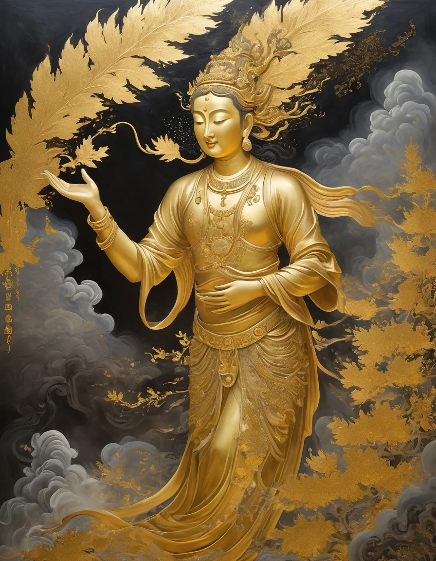 (gold leaf art:1.5),A black and gold-rimmed giant hand fell from the sky, Dunhuang murals as background, minimalist, line art, From front and center to ghostly smoke, Transition from entity to ghost, Smart, powerful and calm, Rich in details, Psychedelic, fantastic, drama, Chinese ancient style, style, ink painting, fantasy, surreal, ethereal