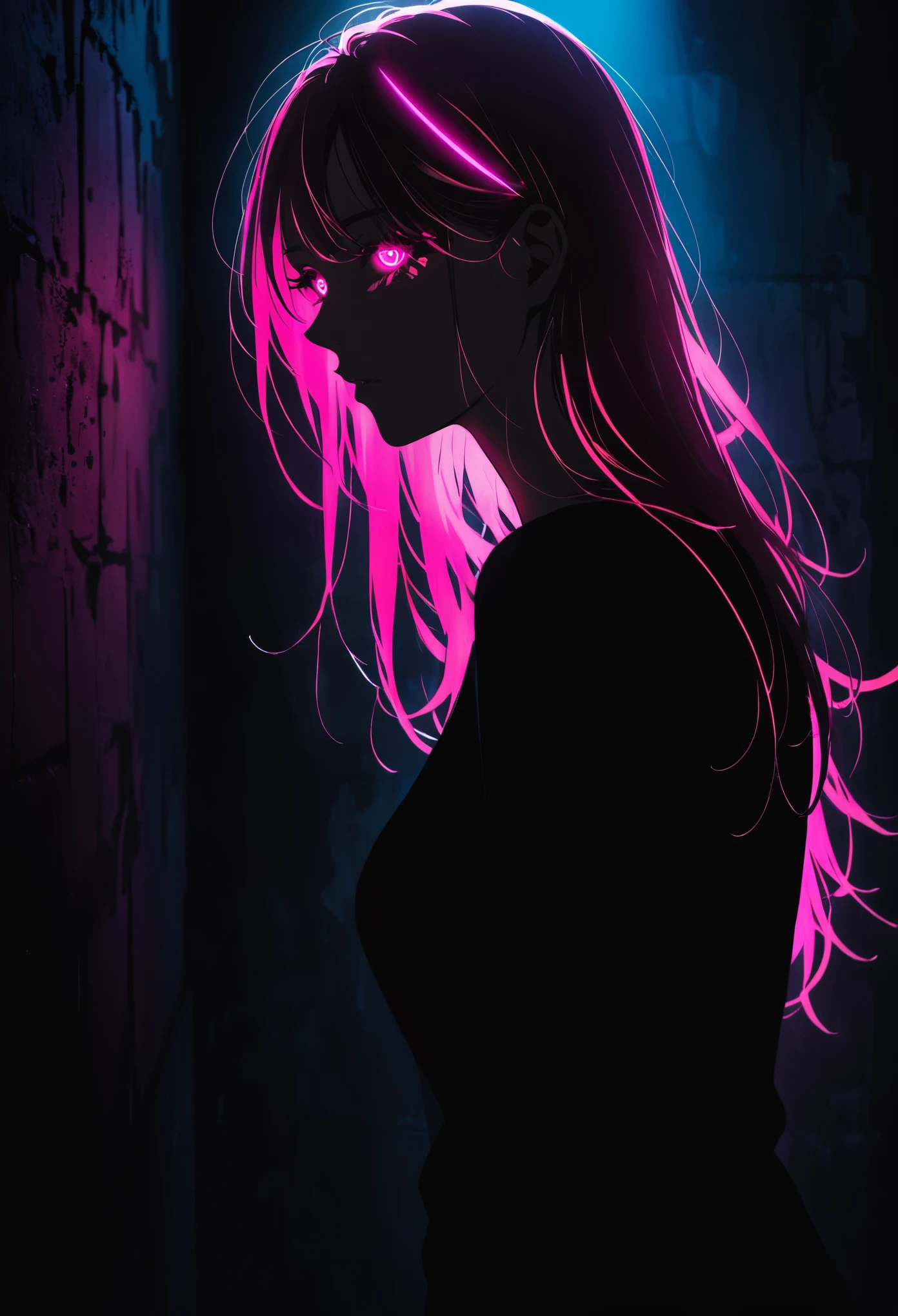 (Portrait of a mysterious giant eye)，indoor，Fluorescent illumination，(Darkness shrouded，Wall background，black background，silhouette，shadow，extreme darkness:2.0)，Minimalist graffiti style background，Fluorescent pink eye graffiti，Dark atmosphere，cowboy shot,1girl,Oversized black T-shirt，Medium Breast，Waistless T-shirt，underboob，blurred background，Blurred foreground，Pink fluorescent hair，Fluorescent pink eyes，Bare shoulder，Raise your hand and touch your head，Kneel on the ground，long hair，Messy hair，Low rise denim shorts，Over-the-knee boots，pink eye shadow，Eye of destruction，Poker face，