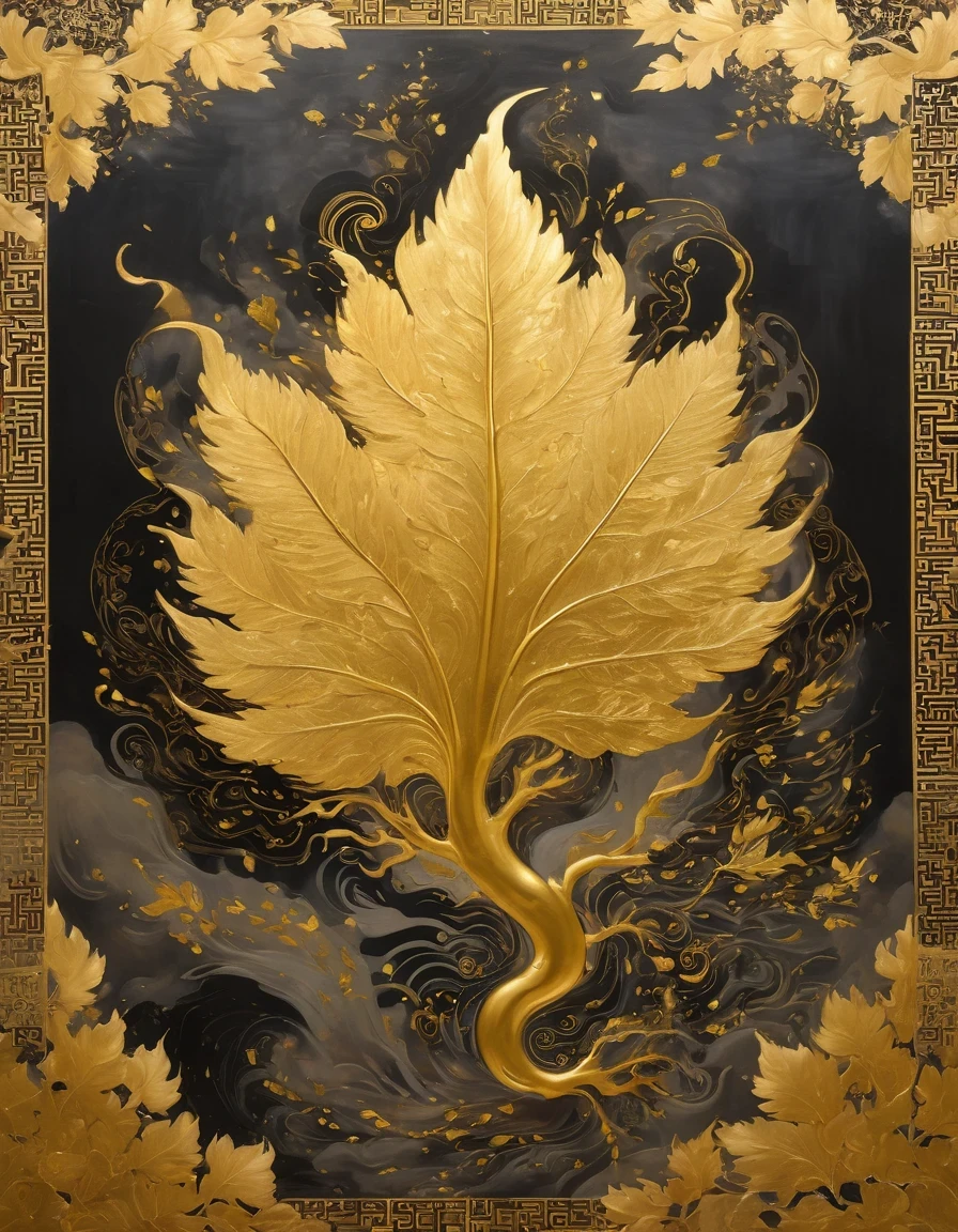 (gold leaf art:1.5)，A black and gold-rimmed giant hand fell from the sky, Dunhuang murals as background, minimalist, line art, From front and center to ghostly smoke, Transition from entity to ghost, Smart, powerful and calm, Rich in details, Psychedelic, fantastic, drama, Chinese ancient style, style, ink painting, fantasy, surreal, ethereal