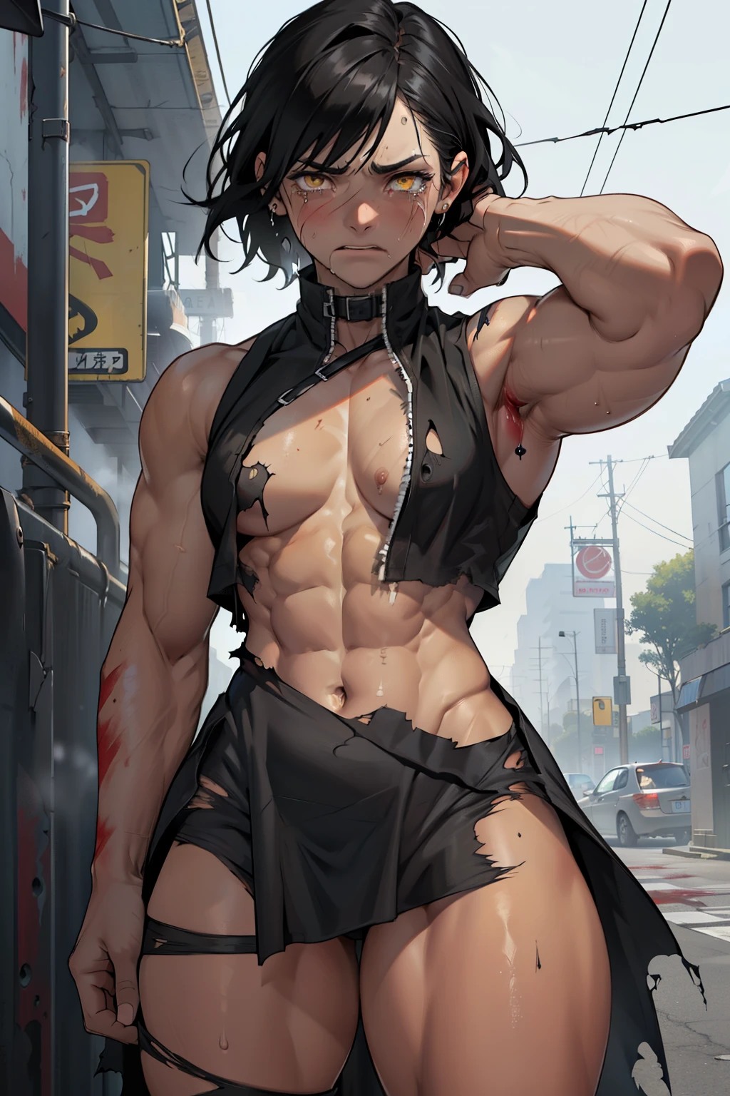 pale skin black hair yellow eyes, solo, (((small breasts))), navel, abs, looking at viewer, midriff, ((torn clothes)), bruised, bruises, ((bleeding)), ((bruise)), ((tears)), crying, (tan), from behind, (((((muscular))))), (((((thick thighs))))), (((black dress)))