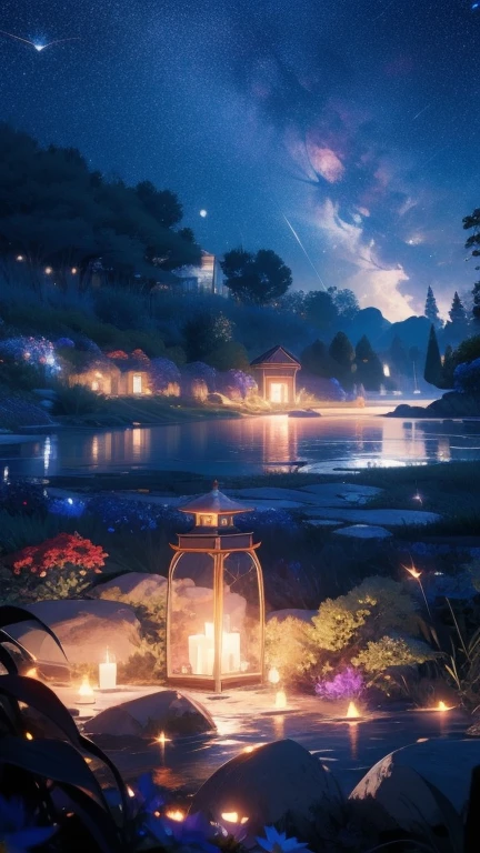 masterpiece, nice, night, flowers, garden, starry sky, constellation, wonderful, view, water, warm, comfortable, peaceful, meteor, cosmic, magic, magicle, particle, city, ((fire Fly))