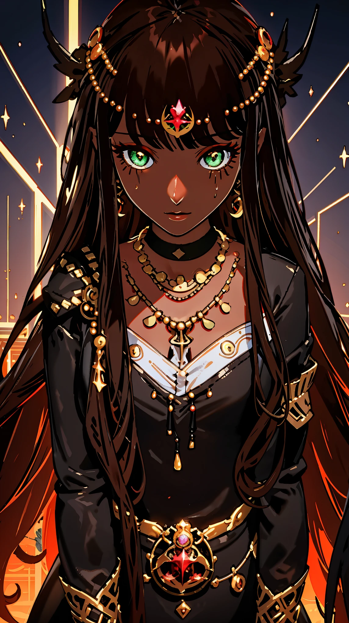 {{{{masterpiece}}}}, {{{Super detailed}}}, {{{high resolution}}}, {{good anatomy}}, (((best quality))),((emerald eyes,brown hair)),{{Extremely detailed and refined}}, {4k CG wallpaper}, {{illustration}}, ((dark skin,african lady,dark brown skin)),((zoom in,bust,upper body shot,extreme close up to face,bigger eyeballs)),(long hair|Detailed hair|blunt bangs|shiny hair),(((wizzard,maga))),(magic loop,great Mozzetta,Skullcap,robe,long sleeves),(arch canthus,),cross_necklace,{{{solemn,emotionless,clam face}}},(mystry,mature,1 woman:1),small breasts, (Color difference:1.2),(church background),arms down,hands down