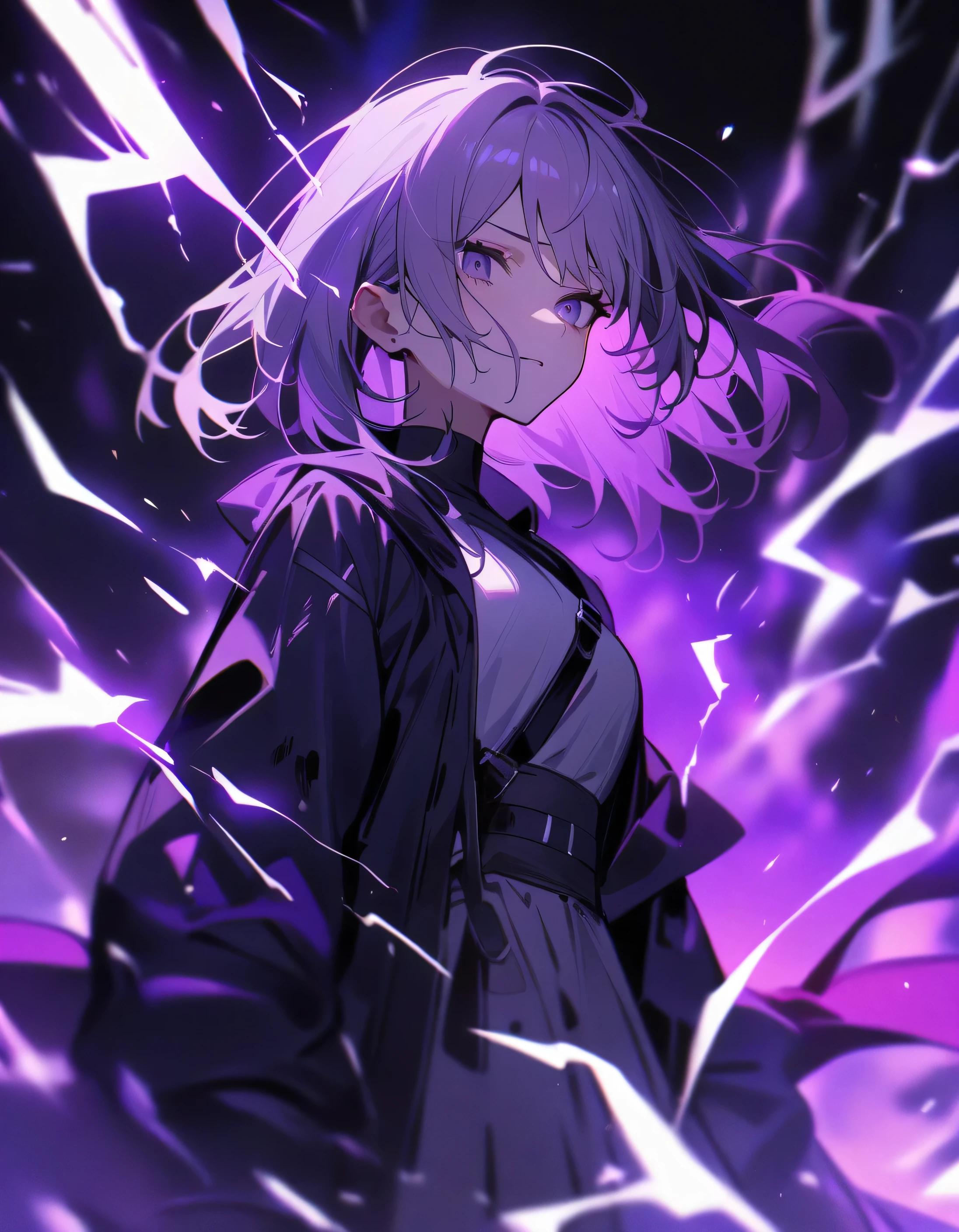 1 girl, female focus, injury, electricity,, masterpiece, highest quality, so beautiful, disorganized、purple hair、gray hair、