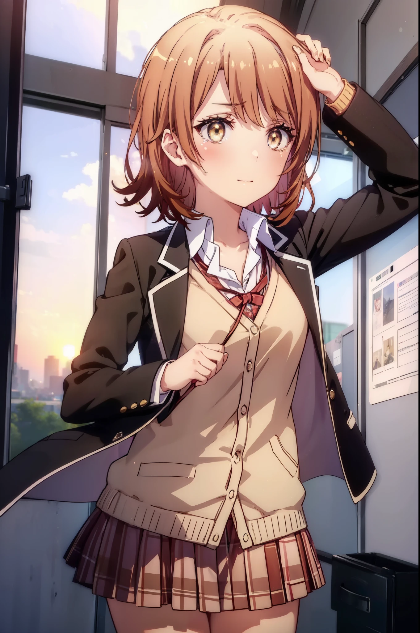 irohaisshiki, Isshiki Iroha, short hair, brown hair, (Brown ruby eyes:1.5), smile,blush,Tears running down her face,Tears of joy、I cry a lot、break skirt, shirt, ribbon, , Jacket, white shirt, open clothes, socks, open Jacket, black Jacket, plaid, knee high, plaid skirt, blazer, cardigan, black socks, pink cardigan,holding a bouquet of flowers in both hands ,birthday,A birthday cake is on the table,confetti,evening,sunset,The sun is setting,
break indoors,School　classroom ,
break looking at viewer,Upper body,(cowboy shot:1. 3)
break (masterpiece:1.2), highest quality, High resolution, unity 8k wallpaper, (shape:0.8), (beautiful and detailed eyes:1.6), highly detailed face, perfect lighting, Very detailed CG, (perfect hands, perfect anatomy),