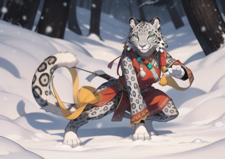 snow leopard, Humanity, furry, woman, woman化的, fur, detailed fur
masterpiece, best quality, The art of math, (actual:0.3), cartoon, Detailed lines, High resolution, Visually stunning
(detailed lighting, depth of field:0.9), Detailed Color, Colorful and perfect hands, Detailed hands
(fair, Lovely, fluffy:1.2), detailed body, perfect breasts, 1 girl, alone, Smiling Outdoors, nature, Tribal accessories, tribal clothing，Bright green eyes，Posing hunting pose detailed full body concept