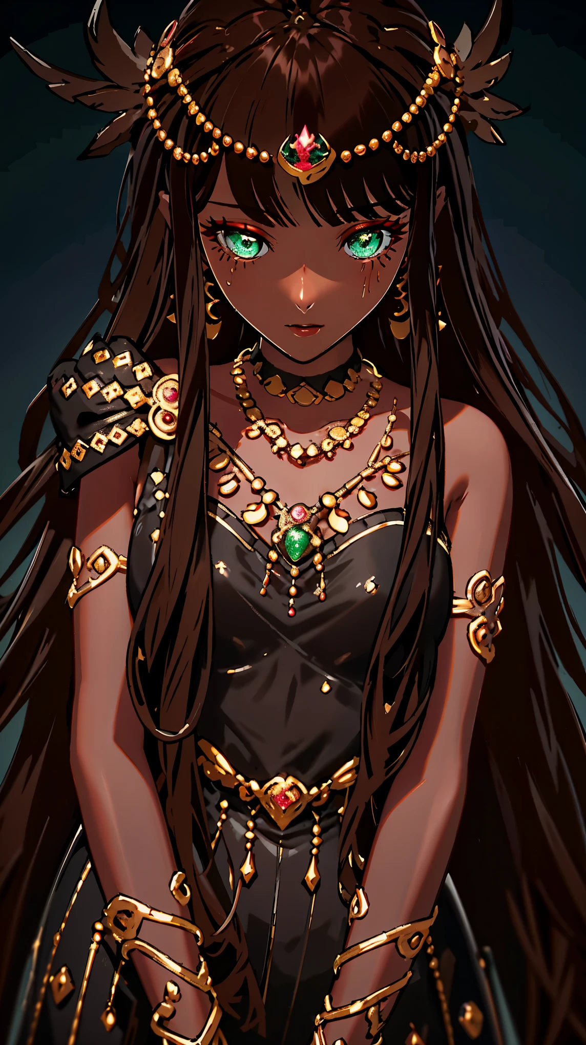 {{{{masterpiece}}}}, {{{Super detailed}}}, {{{high resolution}}}, {{good anatomy}}, (((best quality))),((emerald eyes,brown hair)),{{Extremely detailed and refined}}, {4k CG wallpaper}, {{illustration}}, ((dark skin,african lady,dark brown skin)),((zoom in,bust,upper body shot,extreme close up to face,bigger eyeballs)),(long hair|Detailed hair|blunt bangs|shiny hair),(((maga))),(great Mozzetta,pointed cap,robe,long sleeves),(arch canthus,),necklace,{{{solemn,emotionless,clam face}}},(mystry,mature,1 woman:1),small breasts, (Color difference:1.2),(simple background),arms down,hands down