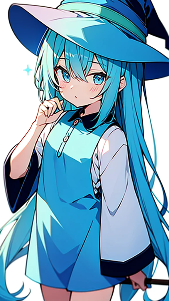 kawaii shota,kawaii light blue clothes and light blue hat,kawaii witch shota,light blue long loose hair,
