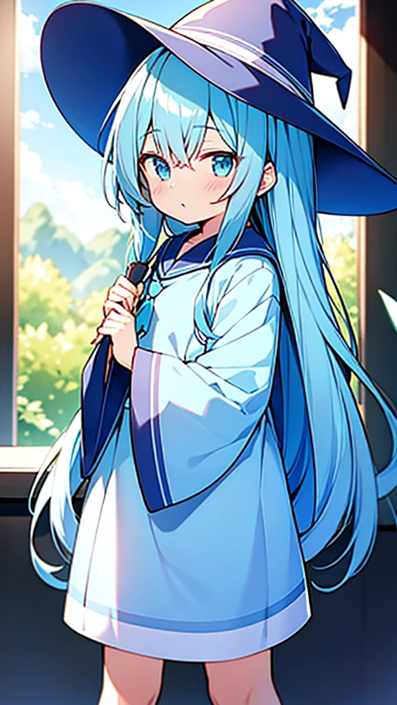 kawaii shota,kawaii light blue clothes and light blue hat,kawaii witch shota,light blue long loose hair,
