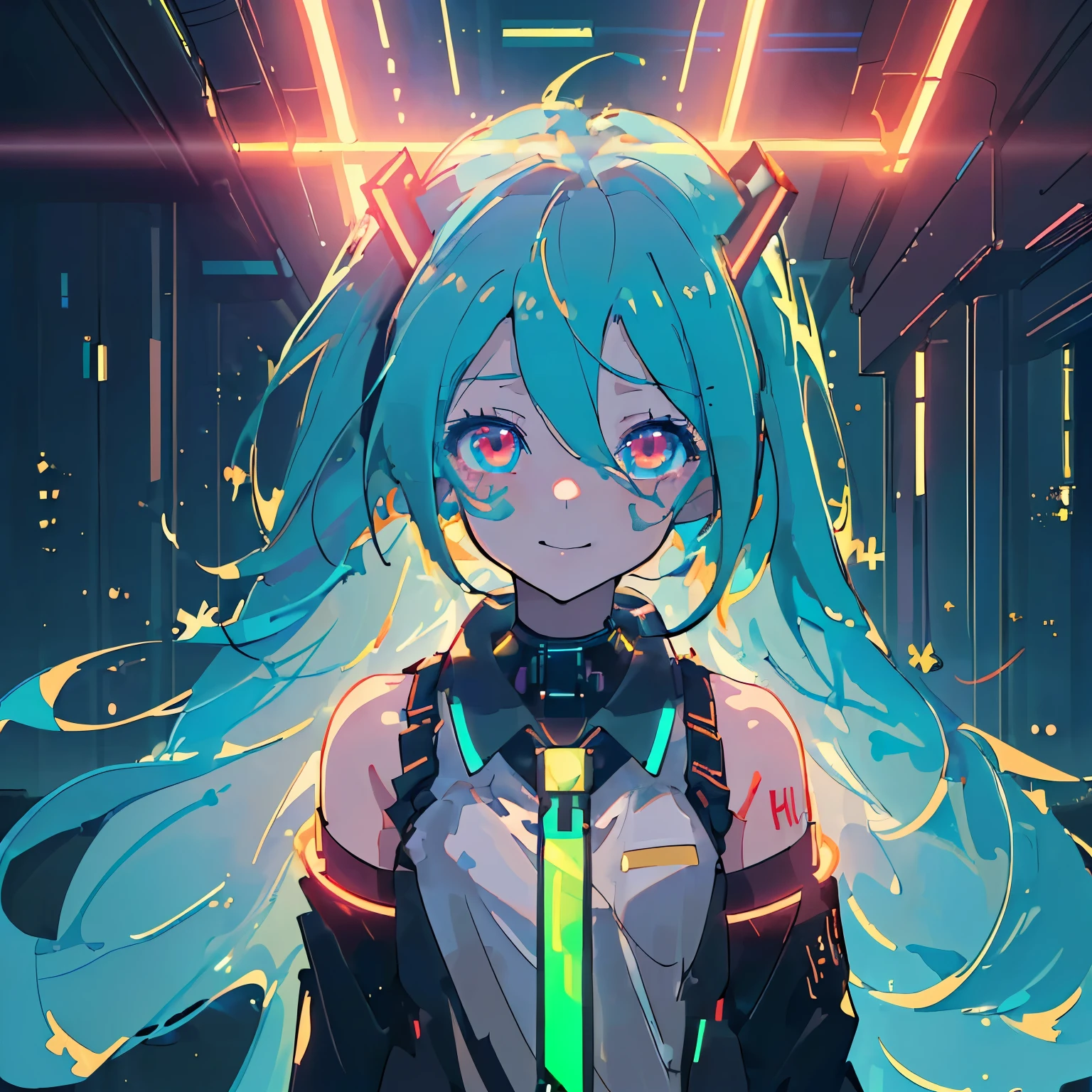 ((top quality, 8K, masterpiece: 1.3)), sharp focus: 1.2, (super Beautiful face: 1.0), Hatsune Miku，Neon Cyberpunk，glowing eyes，flowing long hair，Sunny background，Cute and energetic girl full of smiles