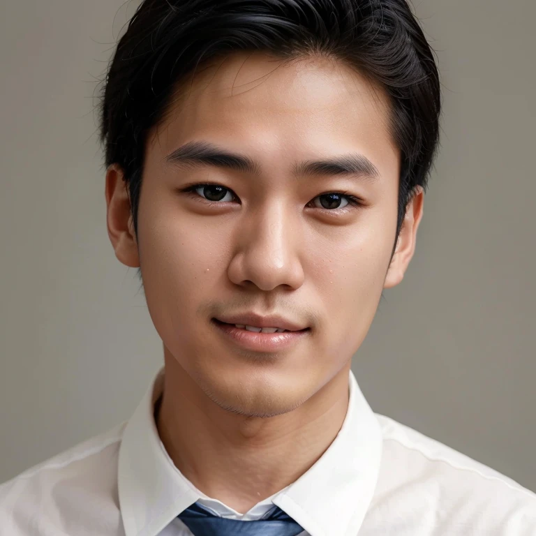 Young Japanese man wearing white shirt and dark blue tie smiling.The corners of the mouth are elongated and slightly raised.Teethless,No double eyelids.The bridge of the nose is thin and straight on both sides.japanese artist,Headshot