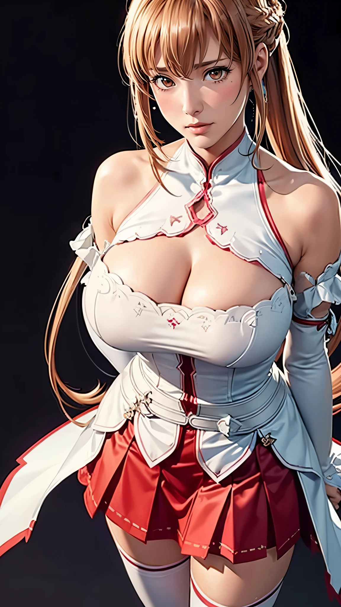 (((完美figure,figure,bare shoulders, armor, breastplate, white sleeves, detached sleeves, red skirt, pleated skirt,white thighhighs, (((aaasuna, long hair, brown hair, braid, brown eyes, )))((masterpiece)),high resolution, ((Best quality at best)),masterpiece,quality,Best quality,((( Exquisite facial features,looking at the audience,There is light in the eyes,(Blushing and shyness),))),型figure:1.7))),(((Interlacing of light and shadow,huge boobs))),(((looking into camera,black background,looking at viewer
standing
from above))))