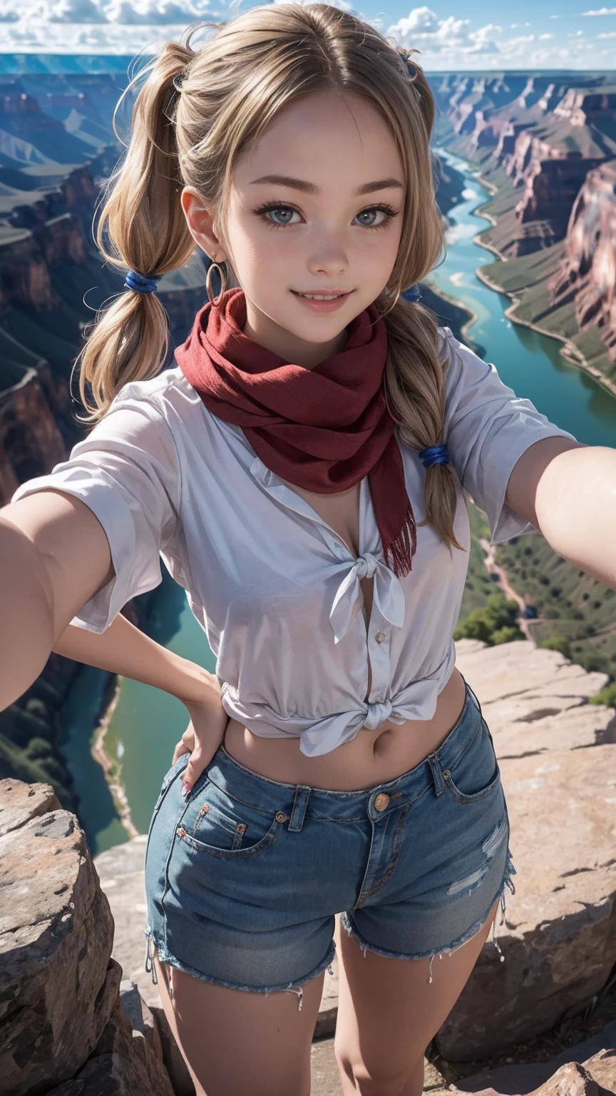 ((最high quality, 8K, masterpiece: 1.3, Ultra HD, high quality, 最high quality, High resolution, realism)) 、25 year old white woman、blue eyes、long hair、smile、slender、slenderだがアスリートのような細マッチョ、I don't want my head to disappear from the screen.、Wear accessories on your wrist、Wearing red nail polish、I have a peticure、aerial perspective((atmospheric perspective))、smile((smiley))、background blur((depth of field)、crystal earrings((crystal earrings))、Dark Blonde、short twin tails((short twintails))、Scarf Tie Blouse((scarf tie brouse))wear、Wear low rise skinny jeans、Wear sneakers、At the edge of the Grand Canyon、Below you can see the river carved into the rocks.、The blue sky is beautiful、put your hands on your hips、selfie、smile
