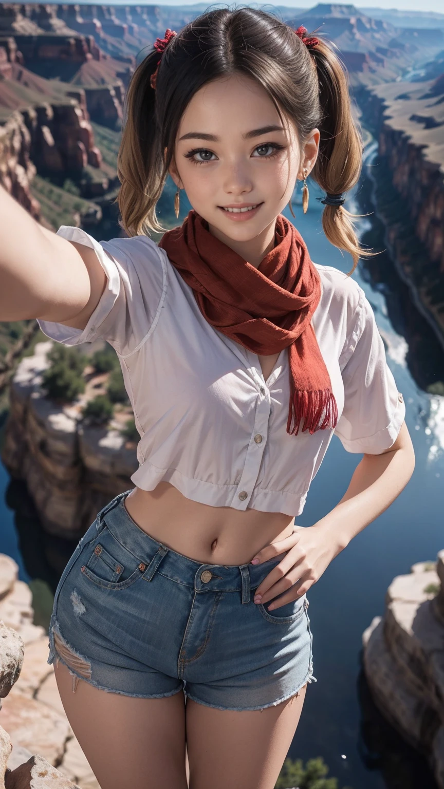 ((最high quality, 8K, masterpiece: 1.3, Ultra HD, high quality, 最high quality, High resolution, realism)) 、25 year old white woman、blue eyes、long hair、smile、slender、slenderだがアスリートのような細マッチョ、I don't want my head to disappear from the screen.、Wear accessories on your wrist、Wearing red nail polish、I have a peticure、aerial perspective((atmospheric perspective))、smile((smiley))、background blur((depth of field)、crystal earrings((crystal earrings))、Dark Blonde、short twin tails((short twintails))、Scarf Tie Blouse((scarf tie brouse))wear、Wear low rise skinny jeans、Wear sneakers、At the edge of the Grand Canyon、Below you can see the river carved into the rocks.、The blue sky is beautiful、put your hands on your hips、selfie、smile