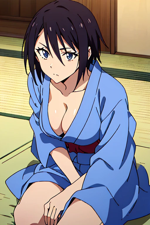 (anime cels style, best quality, high resolution, anime colored, megami magazine:1.2, anime poster style, sharp, 8k), (beautiful eyes:1.5), sakaguchihinata\(ttigraas\), 1girl, cute, black hair, short hair, large breast, cleavage, (haoli, yukata:1.5), cowboy shot, from below, (sitting, seiza), (perfect detailed anatomy, perfect arms, perfect fingers, beautiful face, perfect body, shiny skin),
