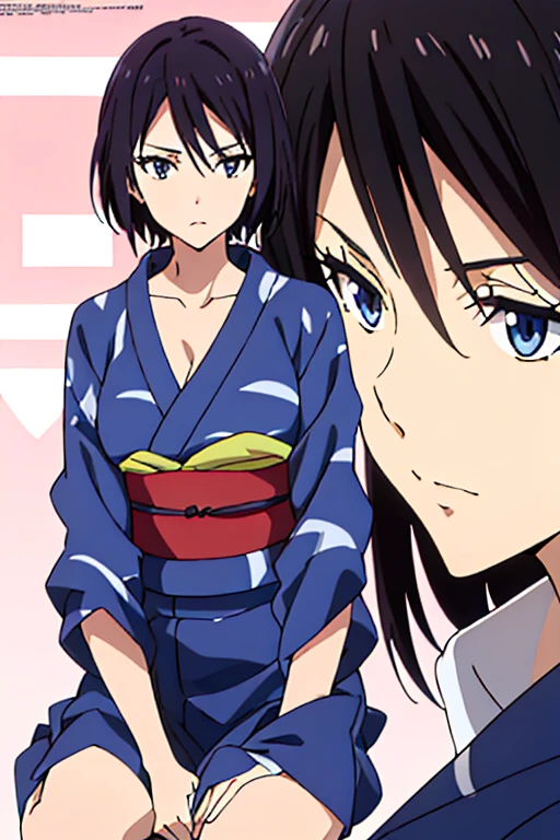 (anime cels style, best quality, high resolution, anime colored, megami magazine:1.2, anime poster style, sharp, 8k), (beautiful eyes:1.5), sakaguchihinata\(ttigraas\), 1girl, cute, black hair, short hair, large breast, cleavage, (haoli, yukata:1.5), cowboy shot, from below, (sitting, seiza), (perfect detailed anatomy, perfect arms, perfect fingers, beautiful face, perfect body, shiny skin), 