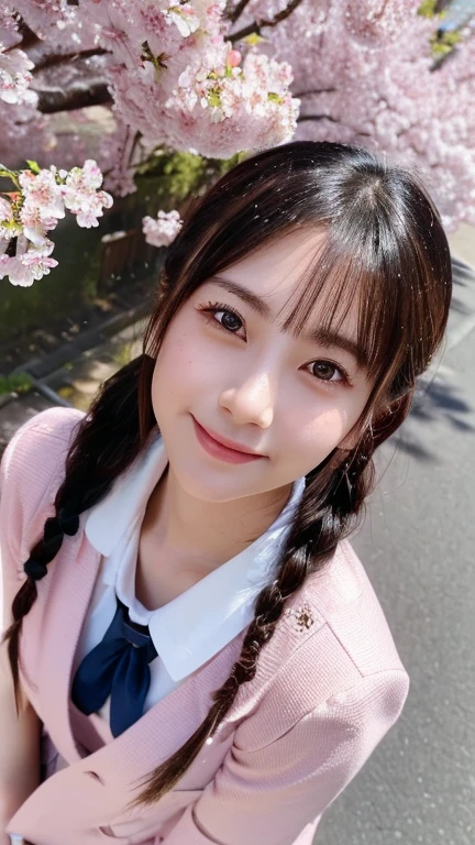 (highest quality,masterpiece:1.3,ultra high resolution),(Super detailed,caustics,8K),(realistic:1.4,RAW shooting),1 girl,(smile),(cherry blossomsを見上げる),18-year-old,cute,Japanese,Black short ponytail,(school uniform),glamorous,(big ),(face focus),street,cherry blossoms,Natural light,(Lens flare),professional writing,(cowboy shot),(bird'point of view:1.2),(high position:1.4),(high angle:1.4)