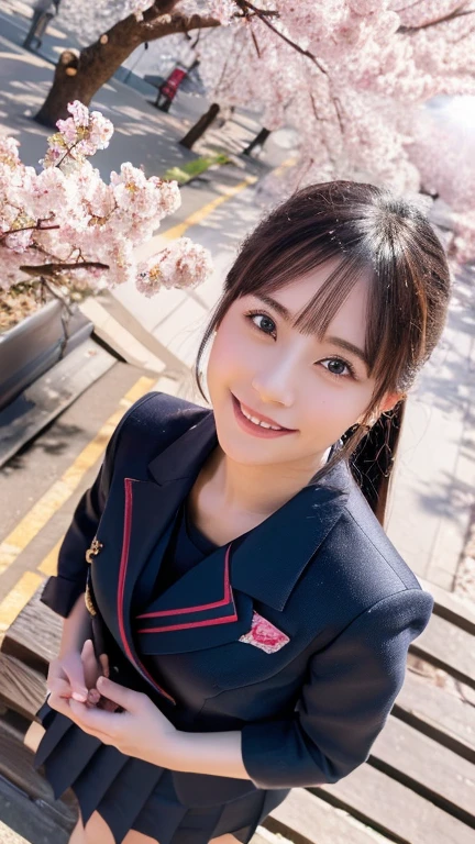 (highest quality,masterpiece:1.3,ultra high resolution),(Super detailed,caustics,8K),(realistic:1.4,RAW shooting),1 girl,(smile),(cherry blossomsを見上げる),18-year-old,cute,Japanese,Black short ponytail,(school uniform),glamorous,(big ),(face focus),street,cherry blossoms,Natural light,(Lens flare),professional writing,(cowboy shot),(bird&#39;point of view:1.2),(high position:1.4),(high angle:1.4)