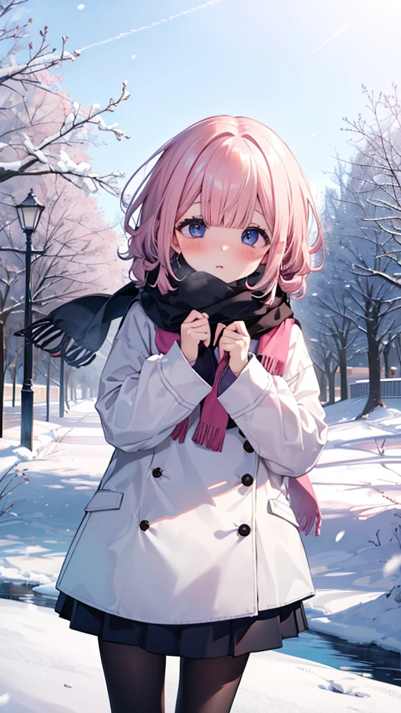 、、Shyness、blush、embarrassing、blush、、、lift the skirt、、顔をscarfで隠す、wear a coat、snow原、snow像、snow、cold、scarf、scarfを巻く、降snow高解像度、Full HD、8K quality、、、droopy eyes、、、eye highlights、lively eyes、clear eyes、beautiful eyes、、口元をscarfで覆う、、look down、avert your eyes、embarrassing、blush、、View from an angle、Side and angle view、、eye highlights、、、eye highlights、めちゃくちゃbeautiful eyes、Black tights with pink lines、、、Stretch your hands out in front of you、Handing、Passing things