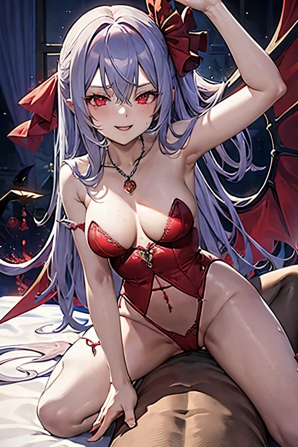 Remilia Scarlet, obscene pose, blue hair, obscene costume, Red eyes, wings, , evil smile, Cinematic light, a dark room, necklace, sits on a person, white stockings