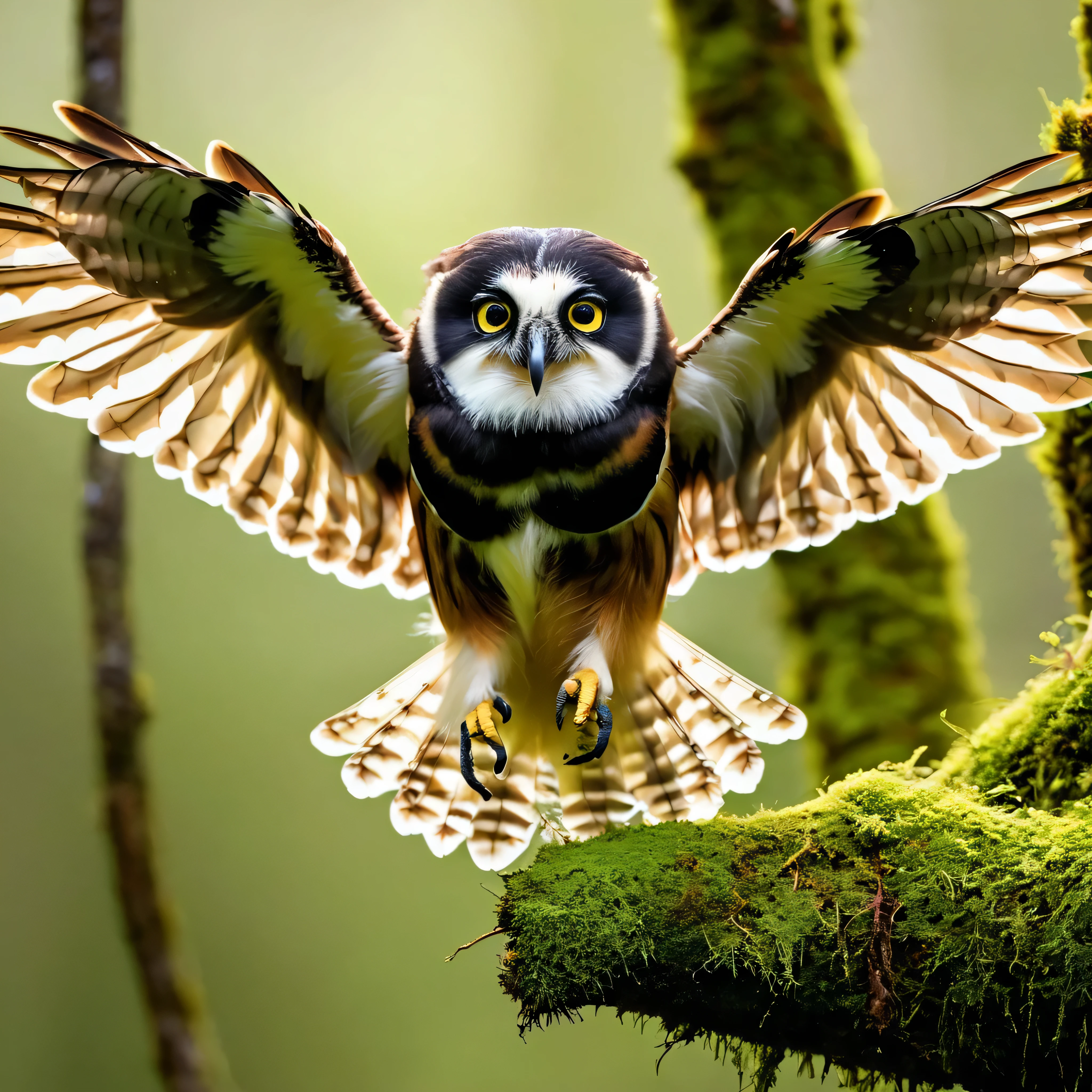 Immerse yourself in the captivating sight of a Spectacled Owl (Pulsatrix perspicillata) gracefully spreading its wings while perched on a moss-covered branch, its white "spectacles" catching the soft forest light in a mesmerizing display of natural beauty.