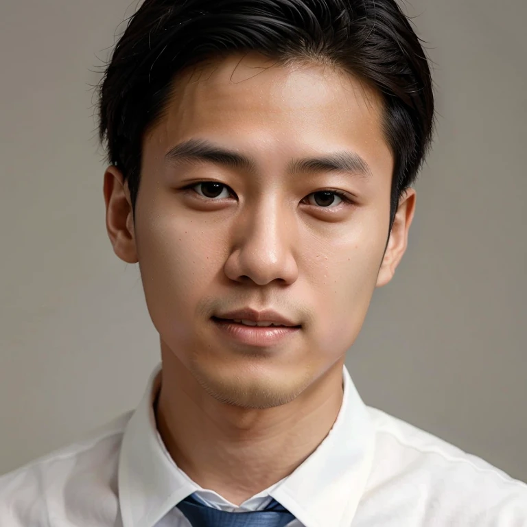 Young Japanese man wearing white shirt and dark blue tie(((Jeremy Lin looks like)))Smile.The corners of the mouth are elongated and slightly raised.Teethless,No double eyelids.The bridge of the nose is thin and straight on both sides.japanese artist,Headshot