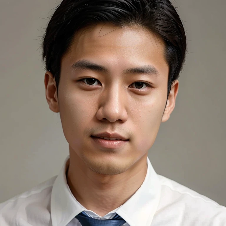 Young Japanese man wearing white shirt and dark blue tie(((Jeremy Lin looks like)))Smile.The corners of the mouth are elongated and slightly raised.Teethless,No double eyelids.The bridge of the nose is thin and straight on both sides.japanese artist,Headshot