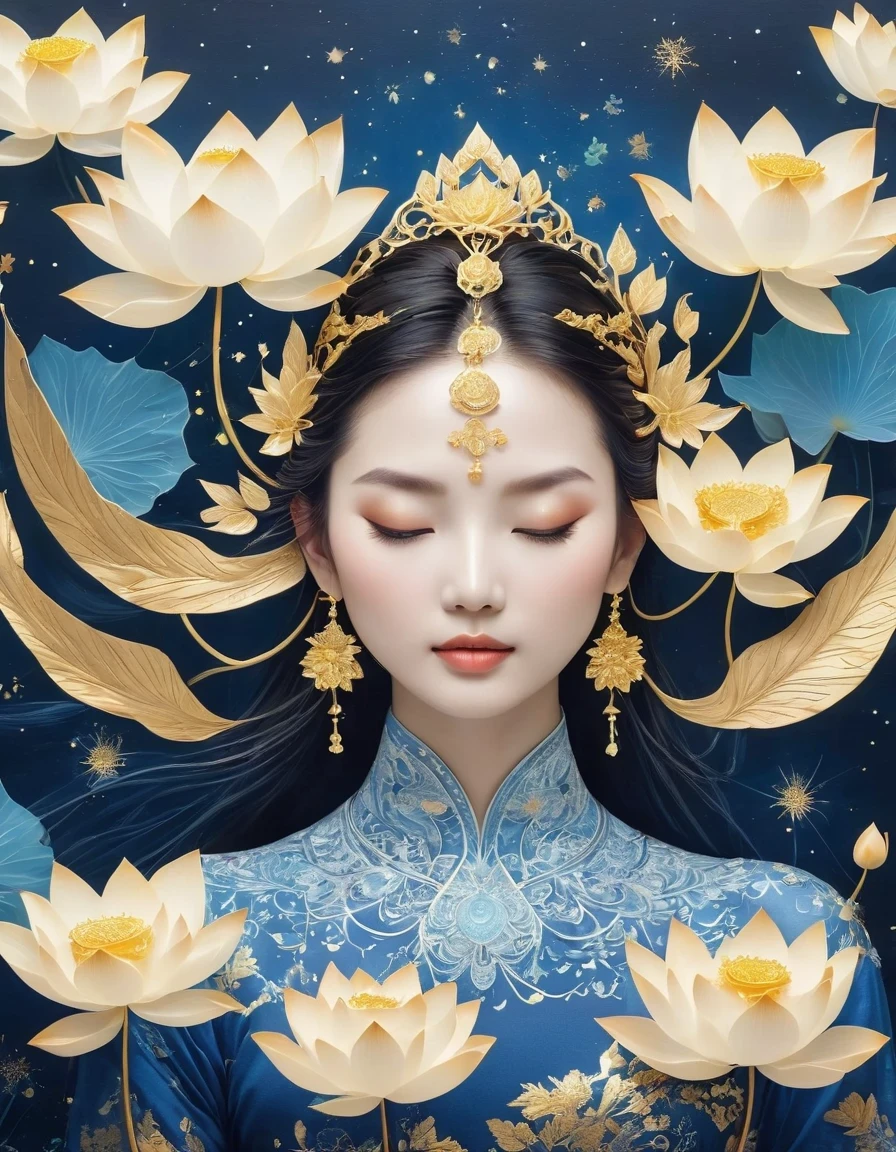 (gold leaf art:1.5),Imagine a tranquil scene inspired by Buddhist philosophy,A vibrant lotus stands against a backdrop of intense gold foil tones。The lotus symbolizes purity and enlightenment,Complex petals bloom,exudes a sense of tranquility。As you gaze deeper into the image,You will notice an arrangement similar to a mandala,The constellations are arranged elegantly。Fusion of Buddhist Symbolism and Astrological Elements,consistency,Induce contemplation and a timeless sense of connection。(The sculpture is surrealist and realist: 1.5), (Kaneko,Blue and white porcelain mask), (metal wings: 1.2), (futuristic mask: 1.2), (Internet pop kawaii fractal art: 1.6), (Tobias Gramler (Tobias Gramler) Art style,smooth shapes: 1.6), (Organic geometric mixture: 1.6),ultra high resolution: 1.4),(particle effect: 1.4), (depth of field: 1.4), (geometric point abstraction: 1.6), (generative fluid fractal algorithm: 1.6).