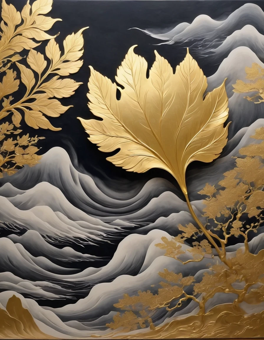 (gold leaf art:1.5)，A black and gold-rimmed giant hand fell from the sky, Dunhuang murals as background, minimalist, line art, From front and center to ghostly smoke, Transition from entity to ghost, Smart, powerful and calm, Rich in details, Psychedelic, fantastic, drama, Chinese ancient style, style, ink painting, fantasy, surreal, ethereal