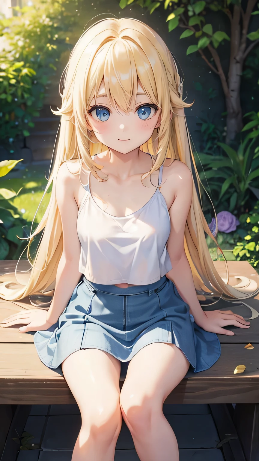 very cute girl、(14 years old)、light yellow hair、long straight hair、Bangs are too close to the eye、Light Blue Eye、(Normal human ear)、thin arms、Beautiful body、slim legs、large, well-shaped breasts,、clear white skin、smile、(Open-chested tank top、mini skirt、White and blue)、Rose Garden、Super high quality、digital single lens reflex、sit on top