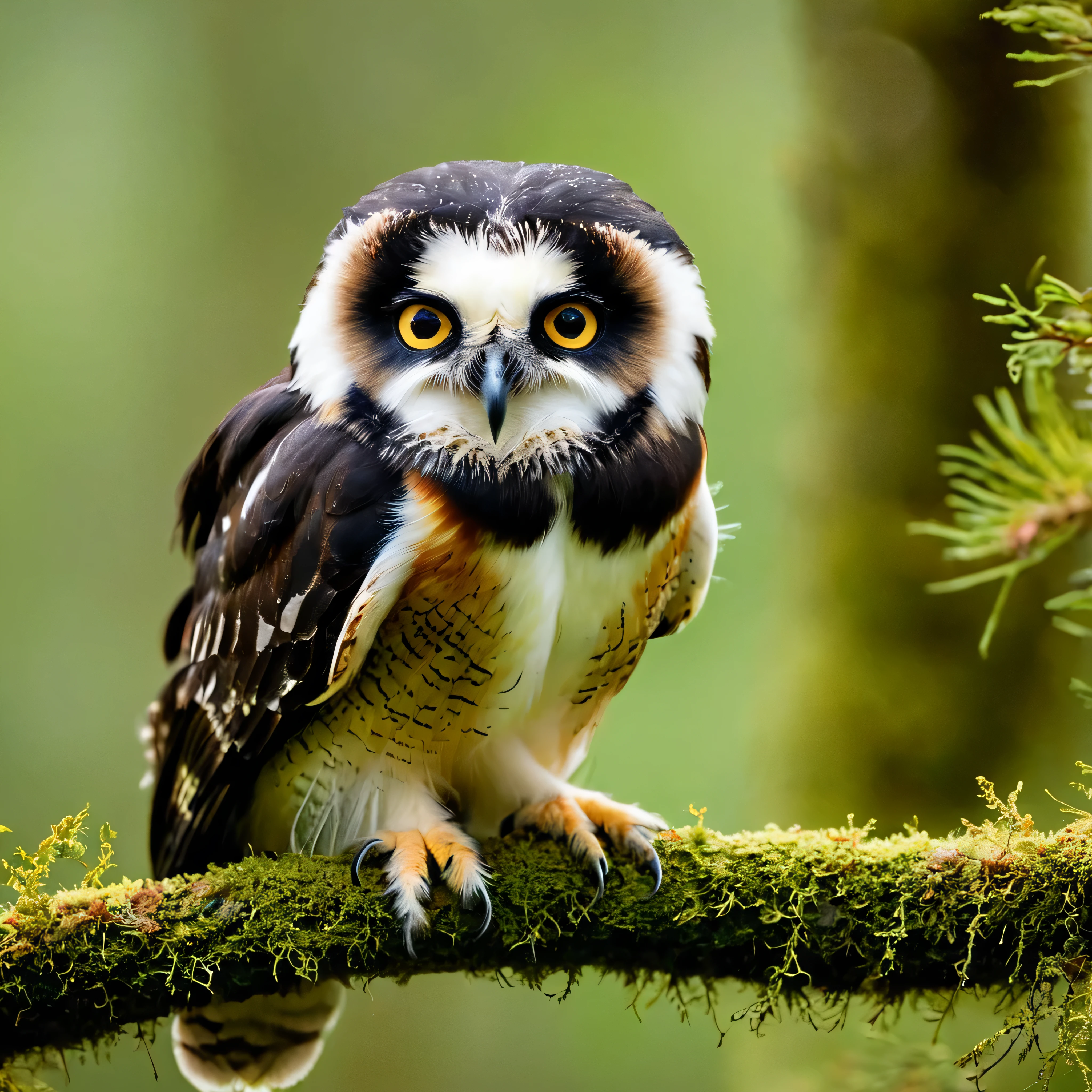 Capture the majestic beauty of a Spectacled Owl (Pulsatrix perspicillata) perched on a moss-covered branch, its distinctive white "spectacles" around its eyes glistening in the soft light of the forest. With keen amber eyes, it watches the world below with a sense of quiet wisdom and grace, embodying the enchanting spirit of the wild.
