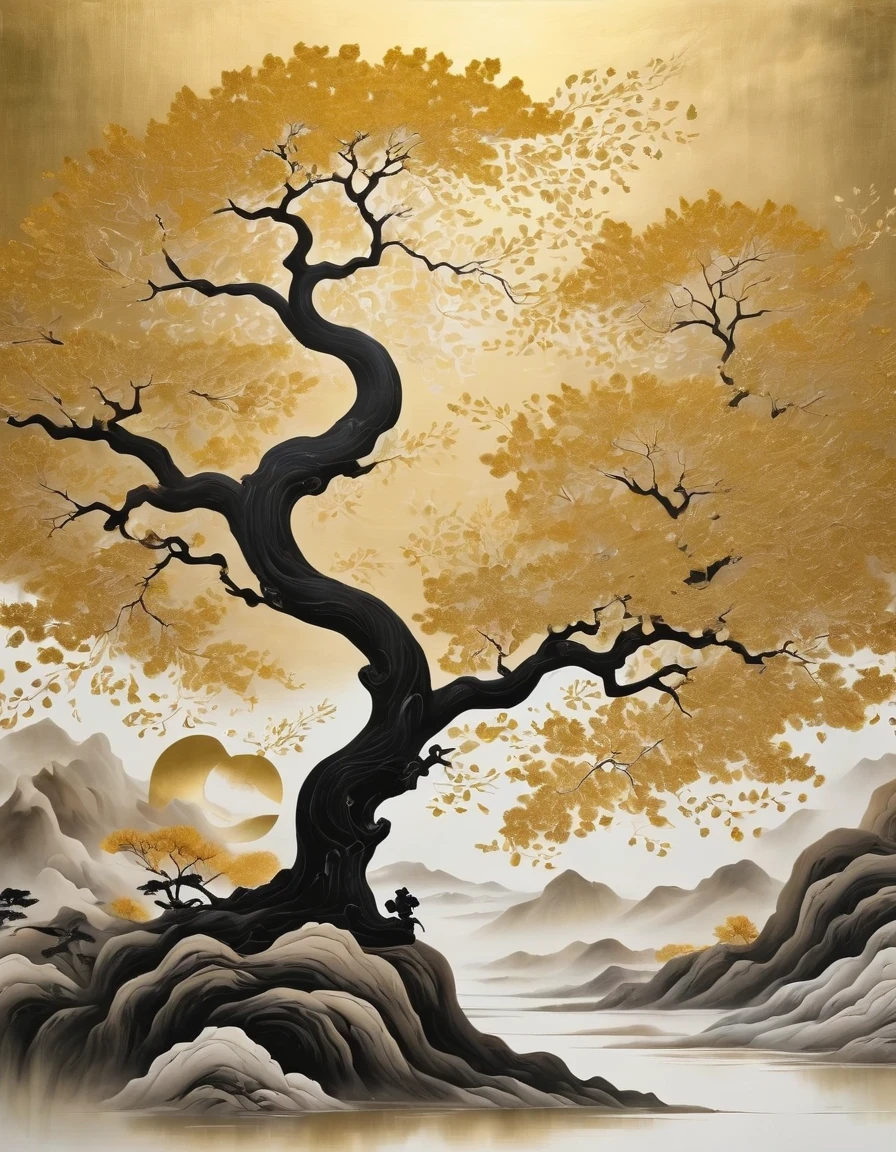 (gold leaf art:1.5),Black gold-rimmed Bodhi tree falls from the sky, Dunhuang murals as background, minimalist, line art, From front and center to ghostly smoke, Transition from entity to ghost, Smart, powerful and calm, Rich in details, Psychedelic, fantastic, drama, Chinese ancient style, style, ink painting, fantasy, surreal, ethereal
