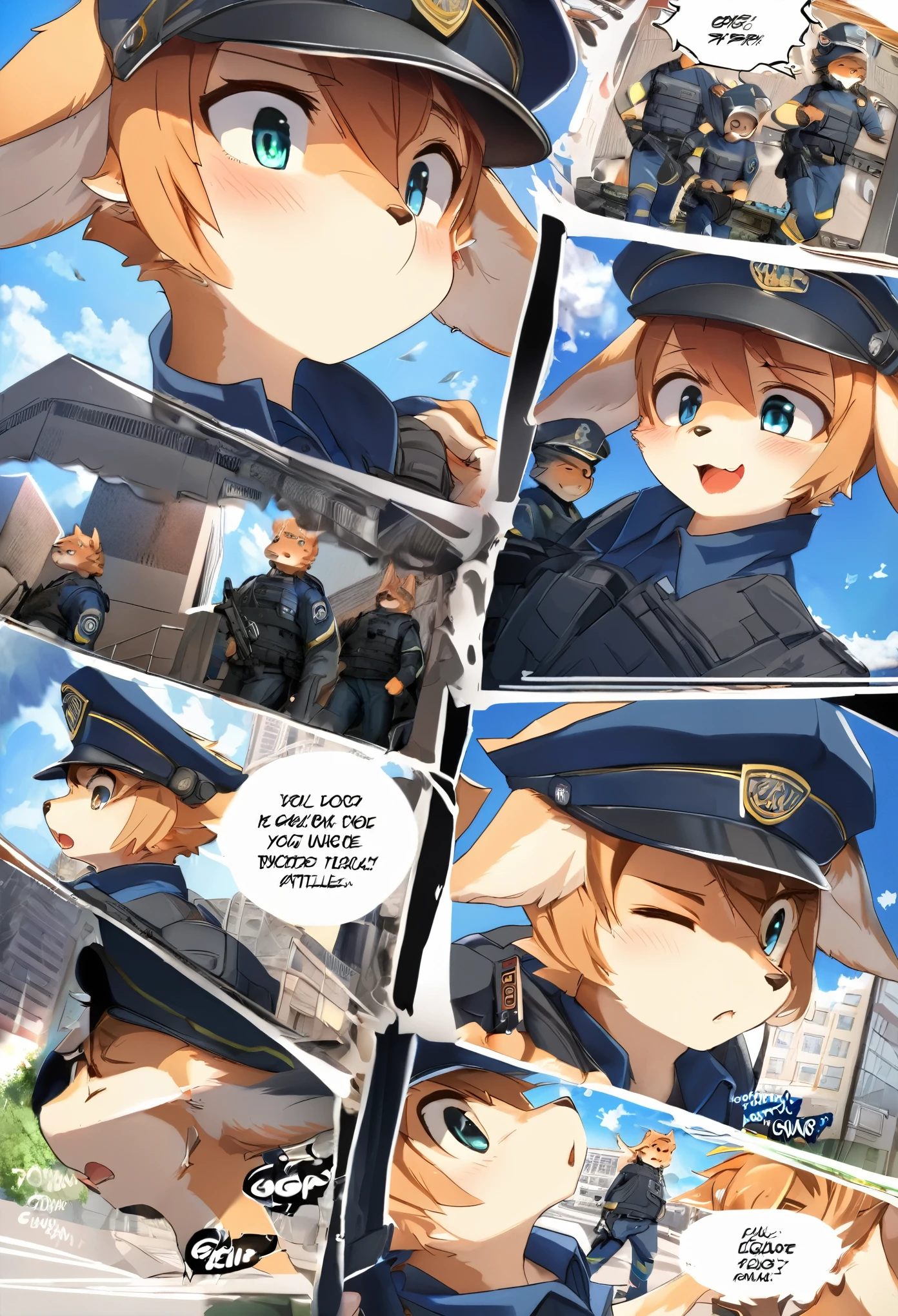 top quality, best quality, highres, masterpiece, super high resolution, detailed background, street, gasping for air(super handsome boys, dog)police officer, swat, police uniform, 6+boys, 6+girls, absurdres(highly detailed beautiful face and eyes)perfect anatomy, good lighting, cinematic shadow(kemono, furry anthro)assorted expressions, assorted poses, assorted angles, full body, upper shot, dynamic angle(boys comic-like panel layouts, speech balloon, English text, Hand-drawn sound effects stickers used in battle comic),