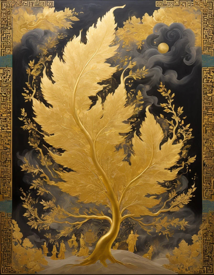 (gold leaf art:1.5)，A black and gold-rimmed giant hand fell from the sky, Dunhuang murals as background, minimalist, line art, From front and center to ghostly smoke, Transition from entity to ghost, Smart, powerful and calm, Rich in details, Psychedelic, fantastic, drama, Chinese ancient style, style, ink painting, fantasy, surreal, ethereal