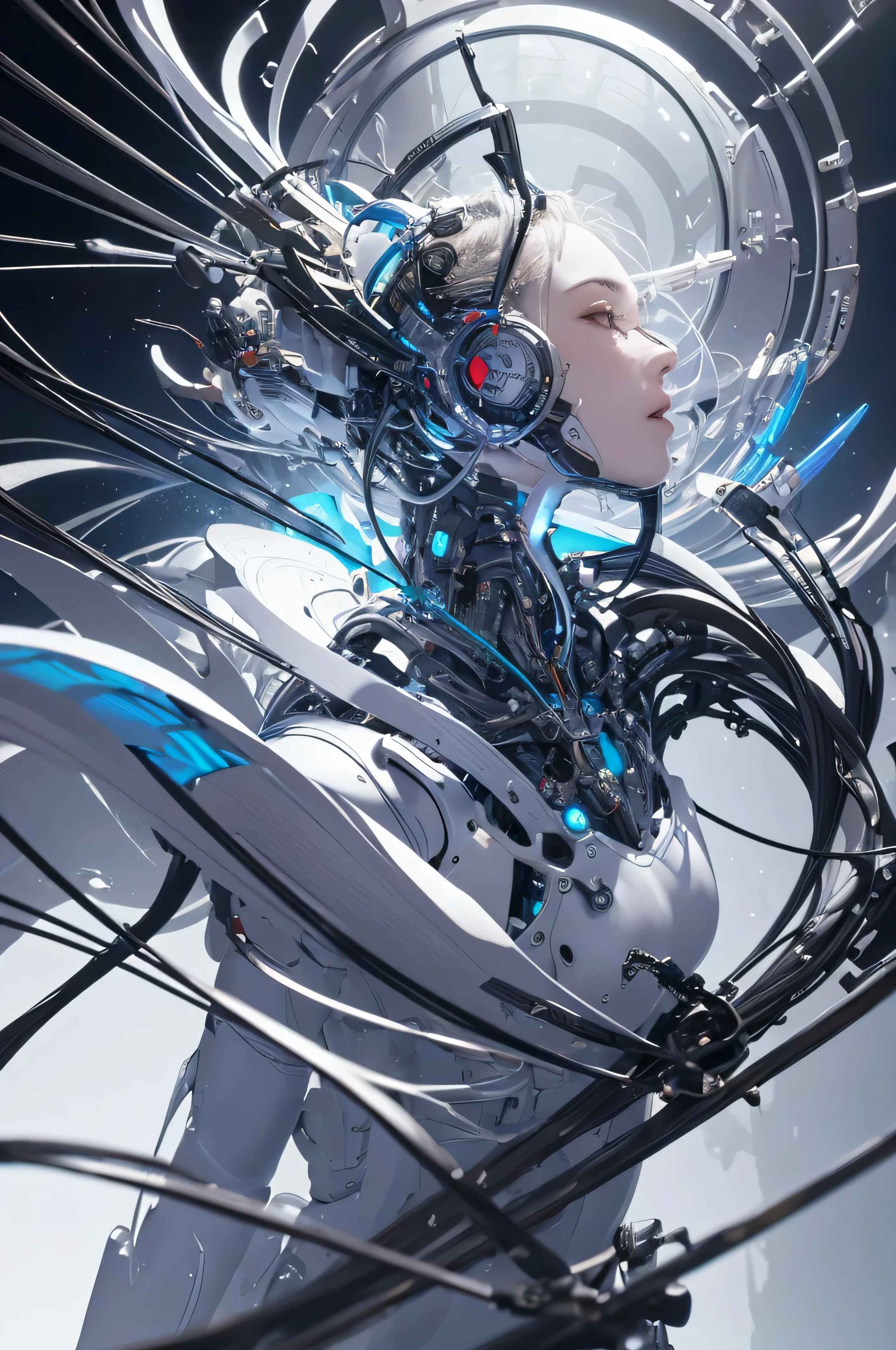 RAW image quality, Complex 3D rendering、Very detailed beautiful porcelain profile、female android face, cyborg, robot parts, 150mm, Soft light in a beautiful studio, rim light, vivid details, gorgeous cyberpunk, race, Super realistic, anatomical, facial muscles, cable wire, microchip, elegant, beautiful background, octane rendering, HR giger style, 8K, highest quality, masterpiece, figure, very delicate and beautiful, very detailed, cg, uniform, wallpaper, ( realistic, Photorealistic: 1.37), wonderful, elaborate, masterpiece, highest quality, official art, Highly detailed cg unity 8K wallpaper, absurd, incredibly absurd, robot, silver beads, full body, sitting
