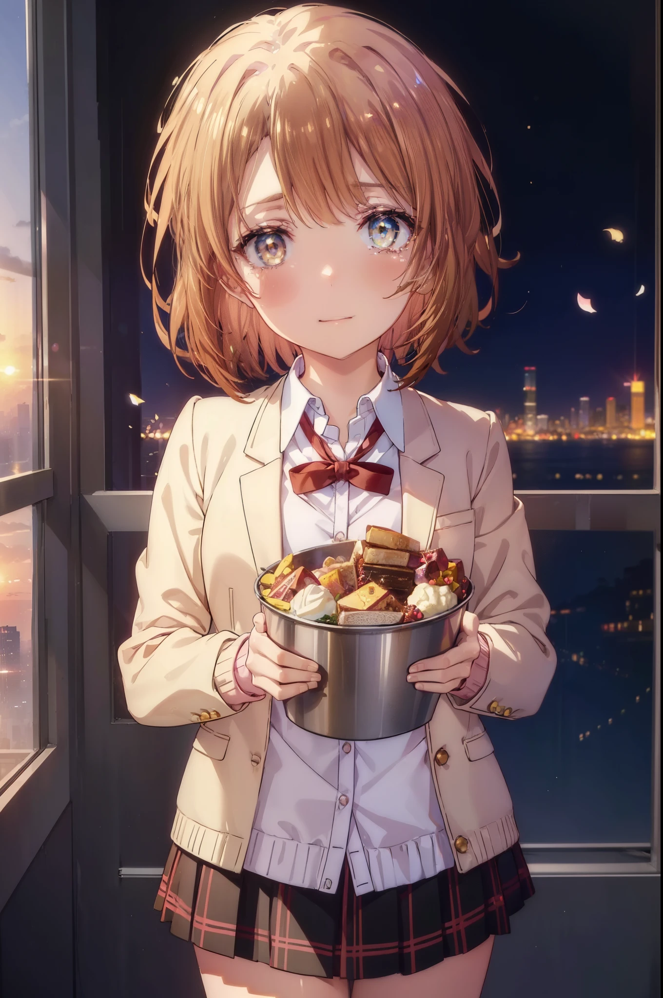 irohaisshiki, Isshiki Iroha, short hair, brown hair, (Brown ruby eyes:1.5), smile,blush,Tears running down her face,Tears of joy、I cry a lot、break skirt, shirt, ribbon, , Jacket, white shirt, open clothes, socks, open Jacket, black Jacket, plaid, knee high, plaid skirt, blazer, cardigan, black socks, pink cardigan,Holding a large bouquet in both hands ,birthday,A birthday cake is on the table,confetti,evening,sunset,The sun is setting,
break indoors,School classroom ,
break looking at viewer,Upper body,(cowboy shot:1. 3)
break (masterpiece:1.2), highest quality, High resolution, unity 8k wallpaper, (shape:0.8), (beautiful and detailed eyes:1.6), highly detailed face, perfect lighting, Very detailed CG, (perfect hands, perfect anatomy),