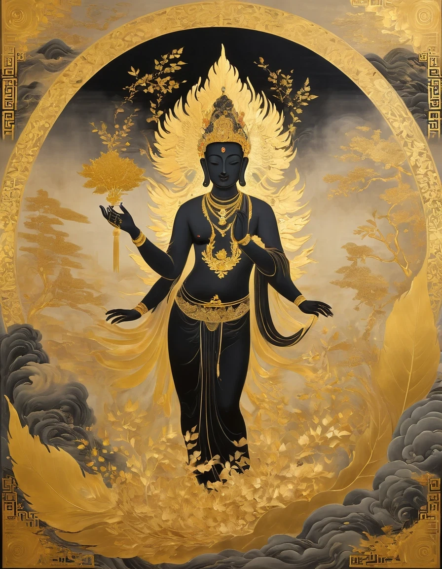 (gold leaf art:1.5),A black and gold-rimmed giant hand fell from the sky, Dunhuang murals as background, minimalist, line art, From front and center to ghostly smoke, Transition from entity to ghost, Smart, powerful and calm, Rich in details, Psychedelic, fantastic, drama, Chinese ancient style, style, ink painting, fantasy, surreal, ethereal