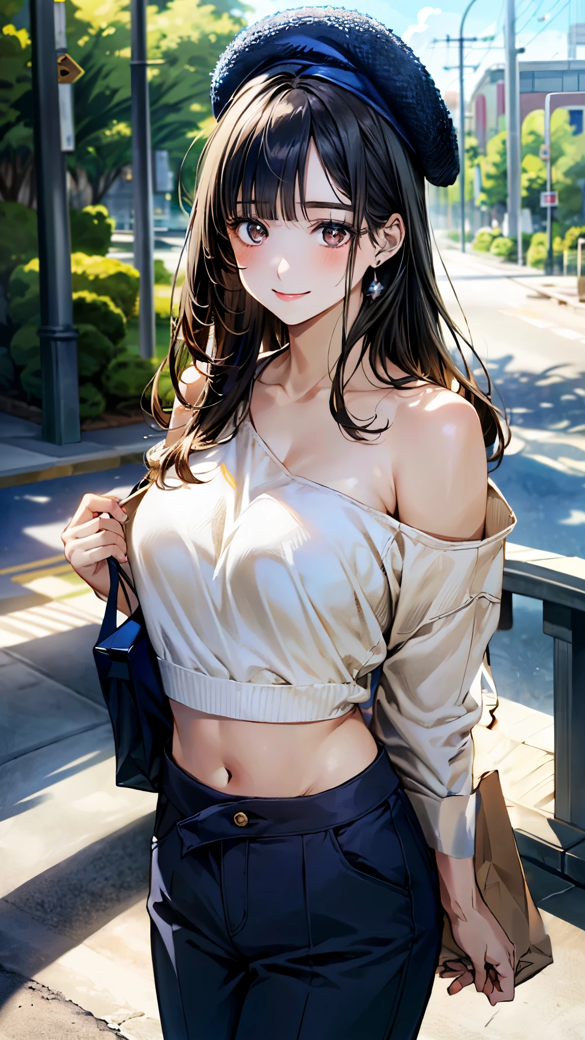 (masterpiece:1.3, top-quality, ultra high res, ultra detailed), (realistic, photorealistic:1.4), beautiful illustration, perfect lighting, natural lighting, colorful, depth of fields, surrealism,
beautiful detailed hair, beautiful detailed face, beautiful detailed eyes, beautiful clavicle, beautiful body, beautiful chest, beautiful thigh, beautiful legs, beautiful fingers, 
looking at viewer, 1 girl, japanese, high school girl, (perfect ???????, anatomically correct), cute and symmetrical face, babyface, perfect face, perfect eyes, shiny skin, 
(long hair:1.8, hime cut:1.1, black hair, blunt bangs), gray eyes, big eyes, slant eyes:1.2, long eye lasher, (large breasts:0.8, seductive thighs), 
((midriff, long sleeve, beige shoulder knit, midnightblue paperbag waist pants, navy beret)), 
(beautiful scenery), summer, evening, (pedestrian bridge), dynamic pose, (happy smile),